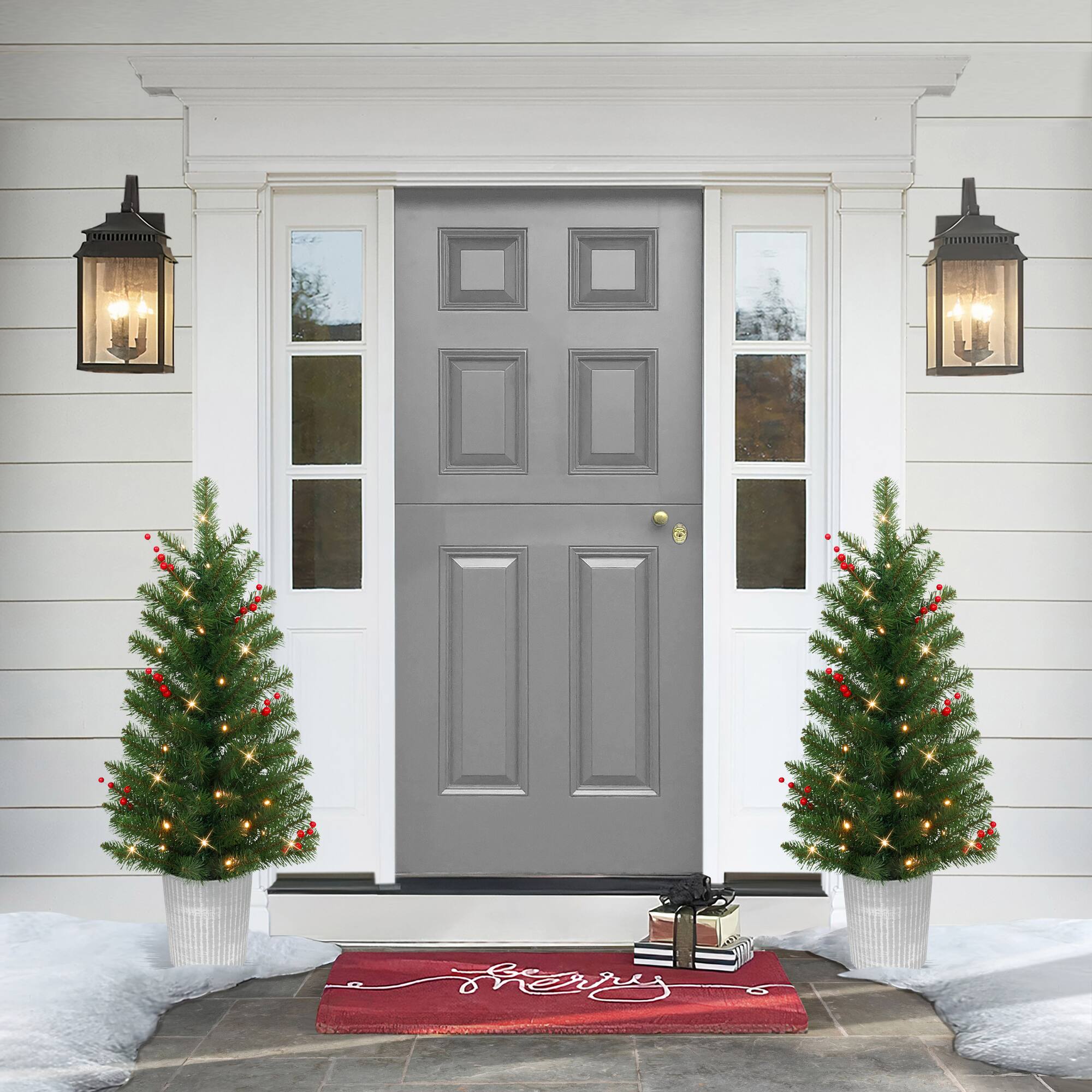 2 Pack 3.5ft. Pre-Lit Adorned Artificial Potted Christmas Tree, Warm White LED Lights